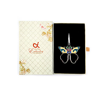 Stainless Steel Scissors, Embroidery Scissors, Sewing Scissors, with Zinc Alloy Enamel Handle, Butterfly, Light Yellow, 140x90x20mm