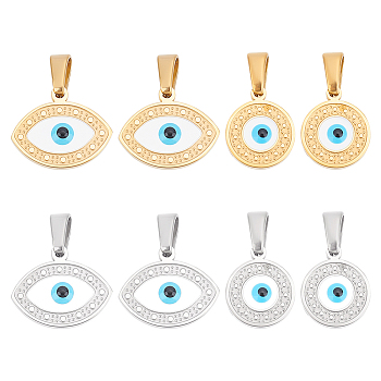 8Pcs 4 Style 304 Stainless Steel Pendants, with Enamel, Mixed Shapes with Evil Eye, Golden & Stainless Steel Color, 12~12.5x10~15x2mm, Hole: 4.5~5x2.5~3mm, 2pcs/style