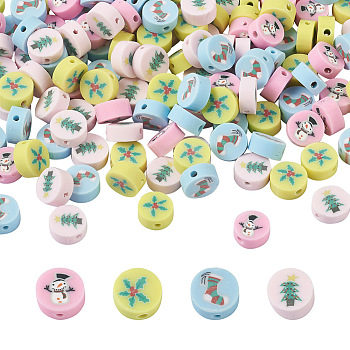 Fashewelry 400Pcs 4 Colors Handmade Polymer Clay Beads, Christmas Theme, Flat Round, Mixed Color, 10x4mm, Hole: 1.6mm, 100pcs/color