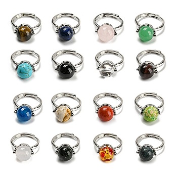 Natural & Synthetic Mixed Gemstone Round Adjustable Rings, Platinum Brass Ring, US Size 7 1/4(17.5mm)
