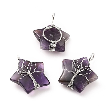 Natural Amethyst Pendants, with Platinum Tone Copper Wire Wrapped, Cadmium Free & Lead Free, Star, 34~37.5x29~31x10~12mm, Hole: 5~6mm