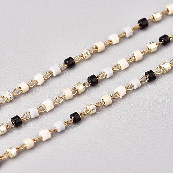 3.28 Feet Handmade Glass Seed Beaded Chains, with Stainless Steel Cable Chains, Unwelded, Black, Golden, 1x0.9mm
