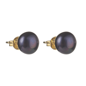 Natural Pearl Rondelle Stud Earrings, 304 Stainless Steel Earring Post, Golden, Black, 7~7.5mm, Pin: 0.7mm
