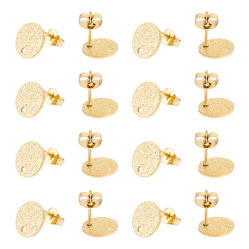 30Pcs 304 Stainless Steel Stud Earring Findings, with Ear Nuts and Hole, Textured Flat Round, Golden, 10x1mm, Hole: 1.4mm, Pin: 1mm