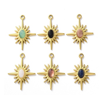 Natural Mixed Stone Oval Pendants, Ion Plating(IP) 304 Stainless Steel Star Charms, Mixed Dyed & Undyed, Real 18K Gold Plated, 26x19.5x4mm, Hole: 1.8mm