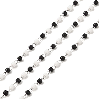 Glass Seed Column Beaded Chains, with 304 Stainless Steel Cable Chains, Soldered, with Spool, Stainless Steel Color, 2x1.5x0.2mm, 2x1~1.5mm