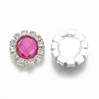 Brass Flat Back Cabochons, with Rhinestone and Acrylic Rhinestone, Faceted, Oval, Silver Color Plated, Hot Pink, 16x14.5x4mm