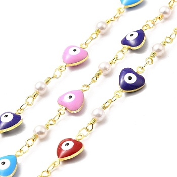 Handmade Eco-friendly Brass Enamel Heart with Evil Eye & Round Glass Link Chain, Real 18K Gold Plated, Lead Free & Cadmium Free, Soldered, with Spool, Colorful, 13.5x8x4mm