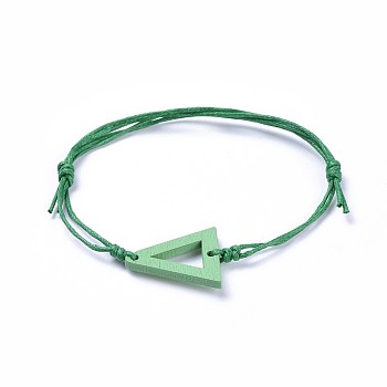 Adjustable Waxed Cotton Cord Bracelets, with Painted Boxwood Links, Triangle, Green, 6 inch~10-1/4 inch(15~26cm)