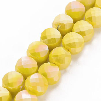 Opaque Electroplate Glass Beads Strands, AB Color Plated, Faceted, Flat Round, Gold, 8x5mm, Hole: 1.5mm, about 72~73pcs/strand, 20.87 inch(53cm)