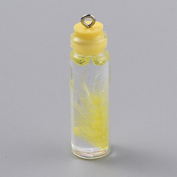 Transparent Glass Bottle Pendant Decorations, with Feather Inside and Plastic Stopper, Yellow, 41x11mm, Hole: 2mm