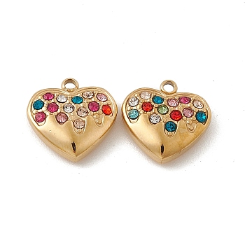 Vacuum Plating 201 Stainless Steel Charms, Colorful Rhinestone Heart, Real 18K Gold Plated, 12.5x12.5x4mm, Hole: 1.5mm