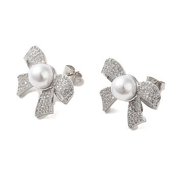 Bowknot Brass Micro Pave Clear Cubic Zirconia Stud Earrings, with Imitation Pearl for Women, Platinum, 17x22.5mm