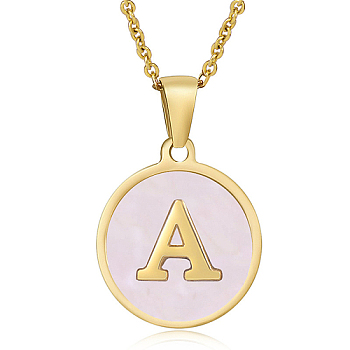 Natural Shell Initial Letter Pendant Necklace, with Golden Stainless Steel Cable Chains, Letter A, 17.72 inch(45cm)