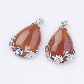 Teardrop with Flower Platinum Plated Brass Natural Red Agate Pendants, Cadmium Free & Lead Free, 38x27x9mm, Hole: 4x7.5mm