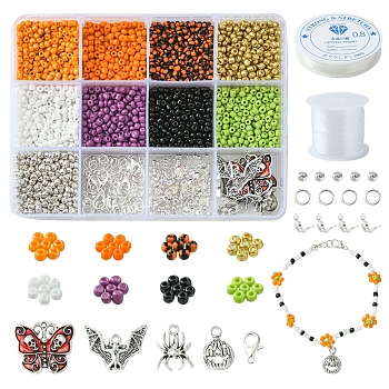 DIY Halloween Bracelet Making Kit, Including Glass Seed Beads, Pumpkin & Butterfly & Bat Alloy Pendants, Mixed Color