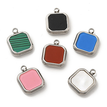304 Stainless Steel Pendants, with Synthetic Malachite & Acrylic & Shell, Square Charm, Stainless Steel Color, 15x12x3mm, Hole: 1.8mm