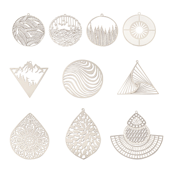 40Pcs 10 Style 201 Stainless Steel Filigree Pendants, Etched Metal Embellishments, Drop & Dress & Flat Round & Triangle, Stainless Steel Color, 30~50x28~51x0.2~0.3mm, Hole: 1~1.6mm, 4pcs/style