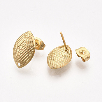 304 Stainless Steel Stud Earring Findings, with Ear Nuts/Earring Backs, Horse Eye, Real Gold Plated, 14.5x9mm, Hole: 1mm, Pin: 0.7mm