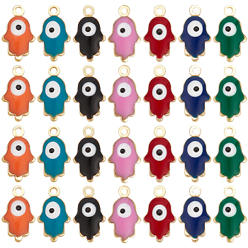 56Pcs 7 Colors Brass Enamel Pendants, Real 18K Gold Plated, Hamsa Hand/Hand of Miriam with Evil Eye, Mixed Color, 10x6x3mm, Hole: 1mm, 8pcs/color