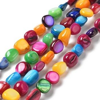 Natural Shell Beads Strands, Dyed, Flat Round, Colorful, 4.5~7.5x4~9x3~6mm, Hole: 0.9mm, about 50pcs/strand, 15.04 inch(38.2cm)