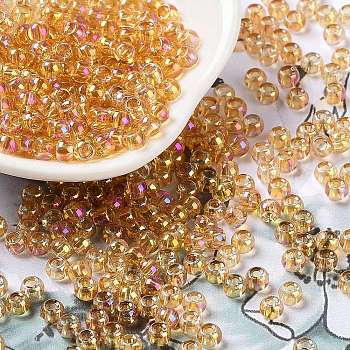 Glass Seed Beads, Half Plated, Transparent Colours Rainbow, Round Hole, Round, Saddle Brown, 4x3mm, Hole: 1.2mm, 7500pcs/pound