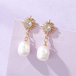 Sun Natural Cultured Freshwater Pearl Dangle Stud Earrings, with Brass and 304 Stainless Steel Earring Findings, Golden, 31x13mm(EJEW-JE06976)