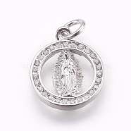 Brass Micro Pave Cubic Zirconia Pendants, Lady of Guadalupe Charms, Lead Free & Cadmium Free, Flat Round with Virgin Mary, Platinum, 15.5x13x2mm, Hole: 3mm(ZIRC-E152-14P-RS)