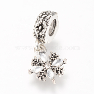 Alloy European Dangle Charms, with Rhinestones, Snowflake, Large Hole Pendants, Antique Silver, 27.5mm, Hole: 5mm(X-MPDL-S055-03)