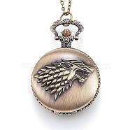 Carved Alloy Flat Round Pendant Necklace Quartz Pocket Watch, with Iron Chains and Lobster Claw Clasps, Antique Bronze, 32.67''(83cm)(WACH-P006-05)