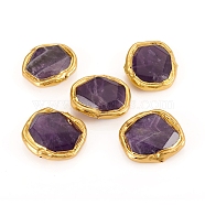 Natural Amethyst Beads, with Golden Plated Edge Brass Findings, Faceted, Oval, 25~27x27~28.5x8~9mm, Hole: 0.8mm(G-L543-032G)