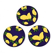 Handmade Polymer Clay Pendants, Flat Round with Lemon Pattern, Yellow & Purple, 47~49x6~7mm, Hole: 1.2~1.7mm(CLAY-N010-009)
