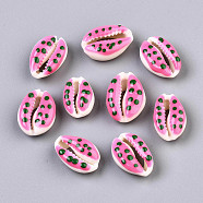 Natural Cowrie Shell Beads, with Enamel Polka Dot Pattern, No Hole/Undrilled, Hot Pink, 16~19x10~12.5x7mm(SHEL-Q312-006C)