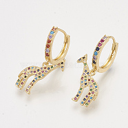 Brass Cubic Zirconia Dangle Hoop Earrings, Giraffe, Colorful, Golden, 29mm, Pin: 1mm(EJEW-S201-145)