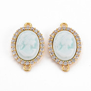 Brass Clear Cubic Zirconia Links Connectors, with Resin, Nickel Free, Oval with Woman, Real 18K Gold Plated, Pale Turquoise, 22x14x4mm, Hole: 1.5mm(KK-N233-120A-NF)
