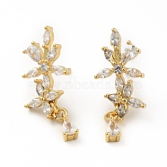 Clear Cubic Zirconia Flower Dangle Stud Earrings, Real 18K Gold Plated Brass Jewelry for Women, Cadmium Free & Lead Free, Real 18K Gold Plated, 19.5mm, Pin: 0.7mm(EJEW-C035-11G)