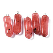 Cherry Quartz Glass Pendants, with Platinum Iron Loop, Pencil, 28~33x8.5~10x8~9mm, Hole: 1.6~1.8mm(G-S356-09B)