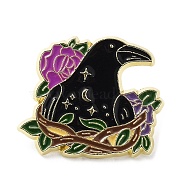 Crow & Flower Enamel Pins, Light Gold Alloy Brooch for Backpack Clothes, Medium Orchid, 24x28x1.5mm(JEWB-H014-04LG-01)