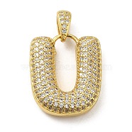 Brass Micro Pave Cubic Zirconia Pendants, Cadmium Free & Lead Free, Long-Lasting Plated, Real 18K Gold Plated, Letter U, 20x17x5.5mm, Hole: 4.5x3mm(KK-E061-03G-21)