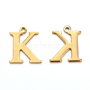 Ion Plating(IP) 304 Stainless Steel Alphabet Charms, Golden, Letter.K, 12x10x1mm, Hole: 1mm(STAS-H122-K-G)