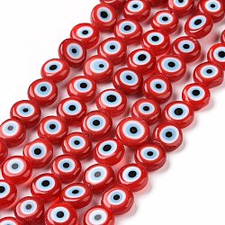 Handmade Evil Eye Lampwork Flat Round Bead Strands, Red, 6x3mm, Hole: 1mm, about 65pcs/strand, 14 inch(LAMP-L058-6mm-17)