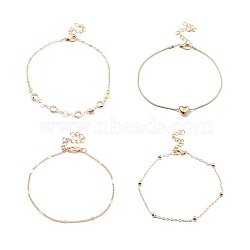 4Pcs 4 Style Alloy Chain Anklets Set with Heart, Clear Cubic Zirconia Flat Round Link Anklets for Women, Light Gold, 8.46~9.84 inch(21.5~25cm)(SJEW-D009-07KCG)