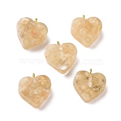 Transparent Resin Natural Yellow Quartz Dyed Chips Pendants, with Golden Tone Brass Loops, Heart Charm, Wheat, 16.5x15.5x6~6.5mm, Hole: 2mm(G-E185-12G-11)
