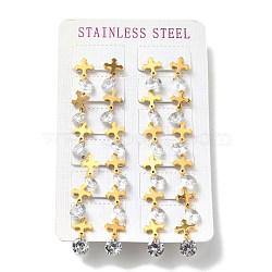 Clear Cubic Zirconia Cross Dangle Stud Earrings, 304 Stainless Steel Jewelry for Women, Golden, 20x10mm, Pin: 0.7mm(EJEW-G292-08G)