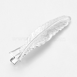 Rack Plating Hair Accessories Iron Alligator Hair Clip Findings, with Brass Findings, Feather, Silver Color Plated, 54x12x9.5mm(MAK-WH0002-04S)