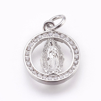 Brass Micro Pave Cubic Zirconia Pendants, Lady of Guadalupe Charms, Lead Free & Cadmium Free, Flat Round with Virgin Mary, Platinum, 15.5x13x2mm, Hole: 3mm