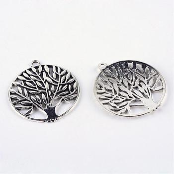 Tibetan Style Alloy Pendants, Cadmium Free & Lead Free, Flat Round & Tree of Life, Antique Silver, 42x37x2mm, Hole: 2.5mm, about 150pcs/1000g