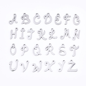 201 Stainless Steel Charms, Laser Cut, Alphabet, Stainless Steel Color, Letter, 10~13x4.5~10x1mm, Hole: 1.4mm