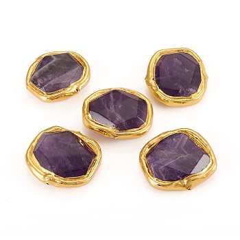 Natural Amethyst Beads, with Golden Plated Edge Brass Findings, Faceted, Oval, 25~27x27~28.5x8~9mm, Hole: 0.8mm