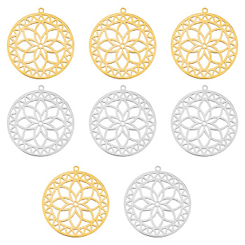 DICOSMETIC 8Pcs 2 Colors 201 Stainless Steel Pendants, Laser Cut, Hollow, Flat Round with Flower, Mixed Color, 34.5x32x1mm, Hole: 1.6mm, 4pcs/color